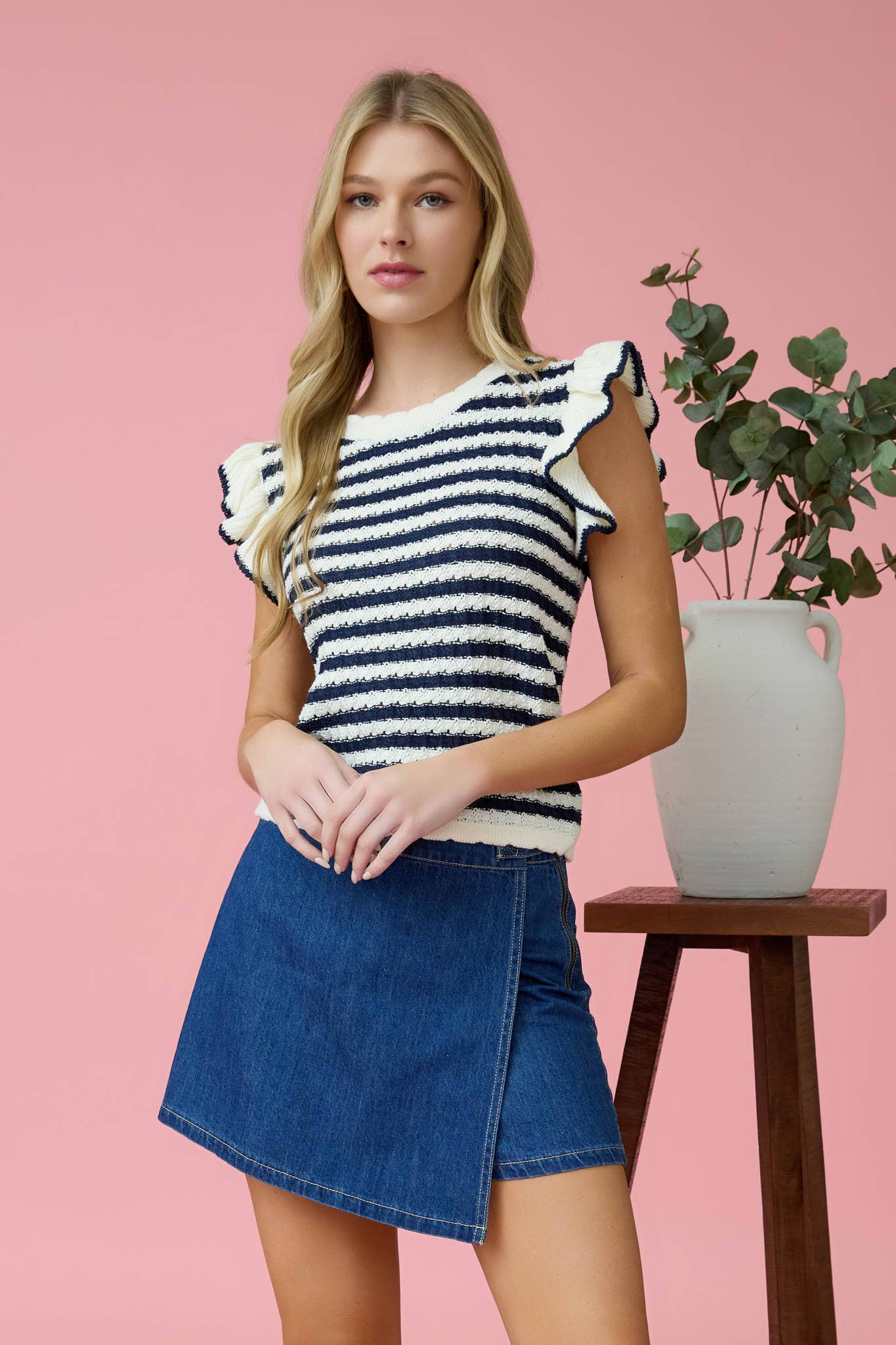 Skye Navy Stripe Sweater Top Flutter Sleeve