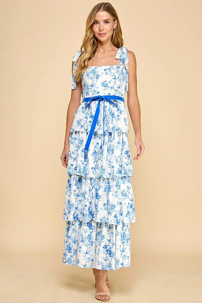 Blue White Coquette Tiered Maxi Dress Floral