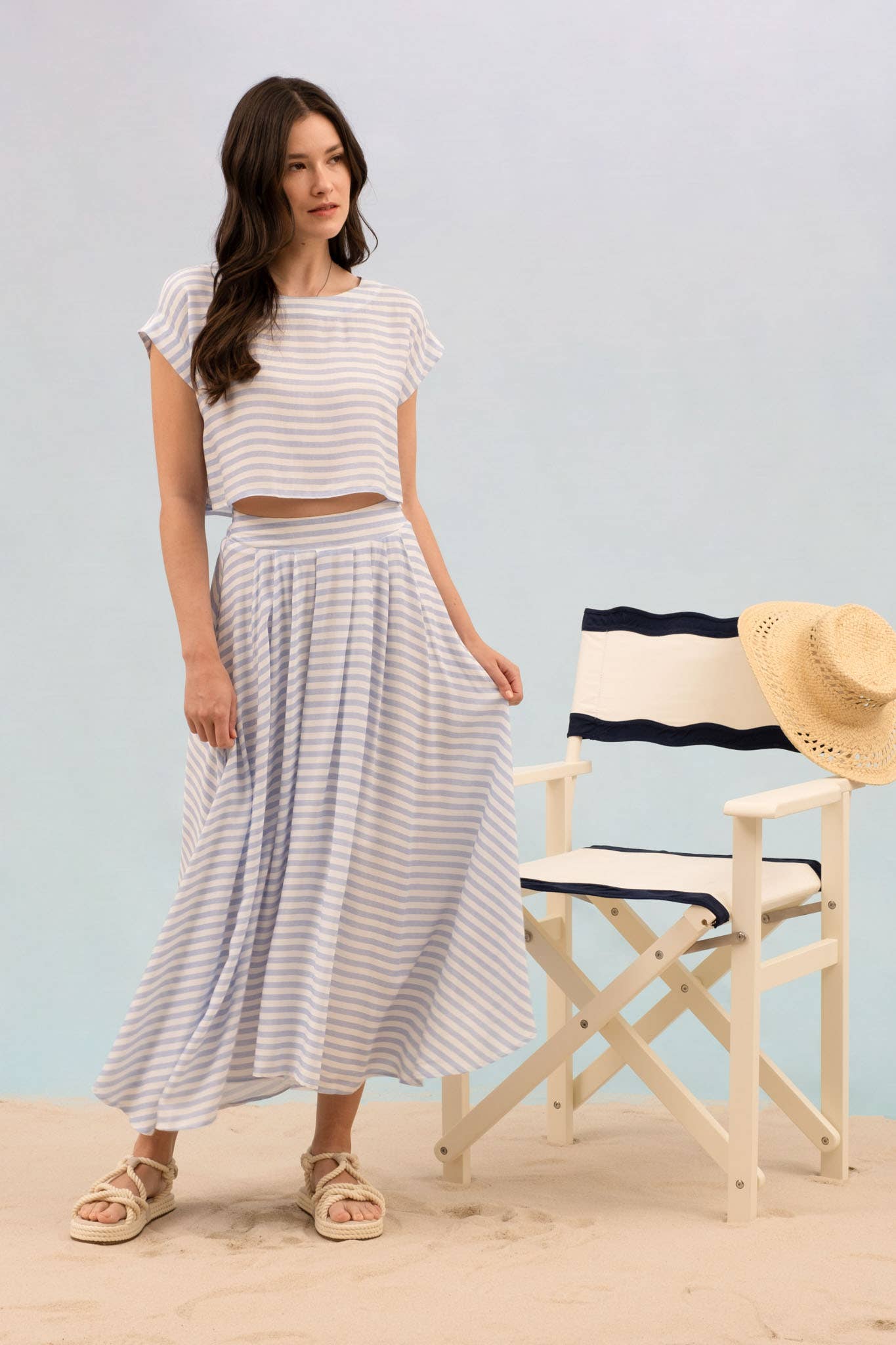 Blue White Stripe Coastal Millenial Midi Skirt