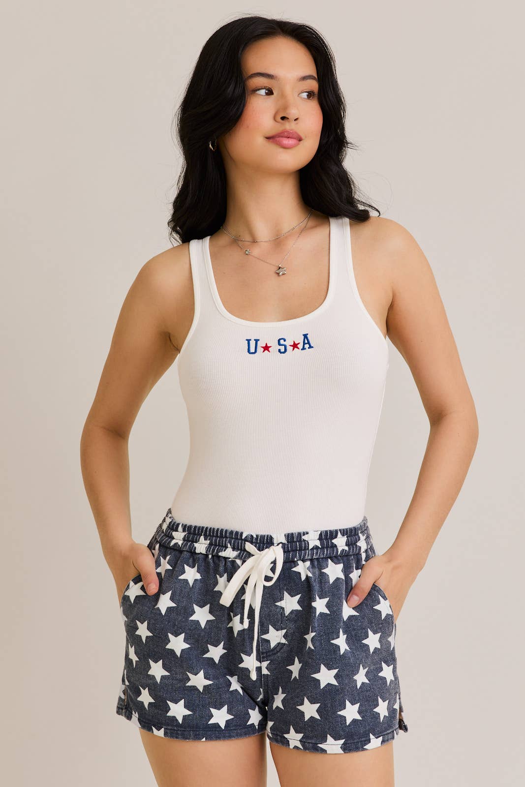 Patriotic USA White Embroidered Sleeveless Bodysuit