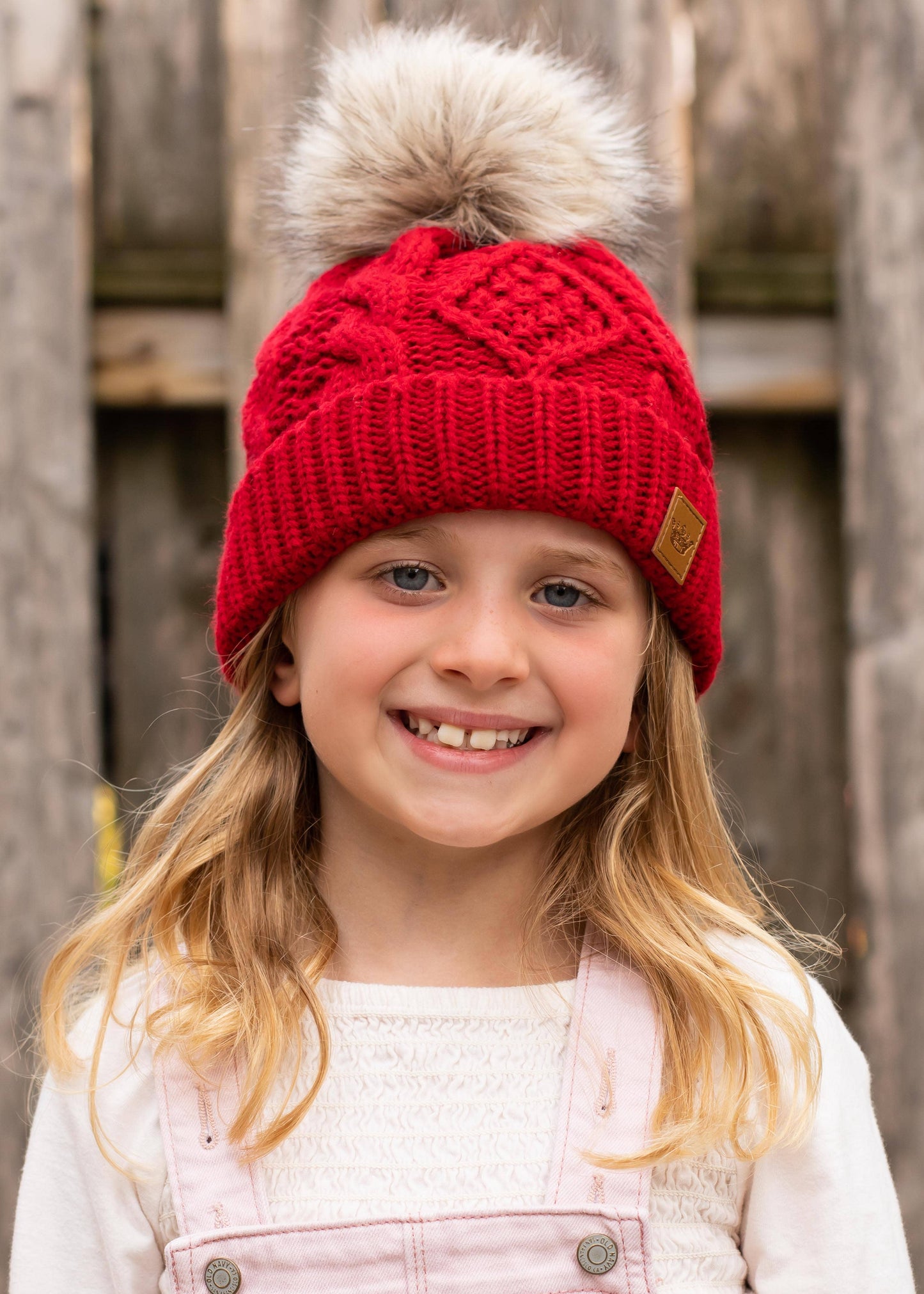 Cable Knit Pom Youth Hat | Red