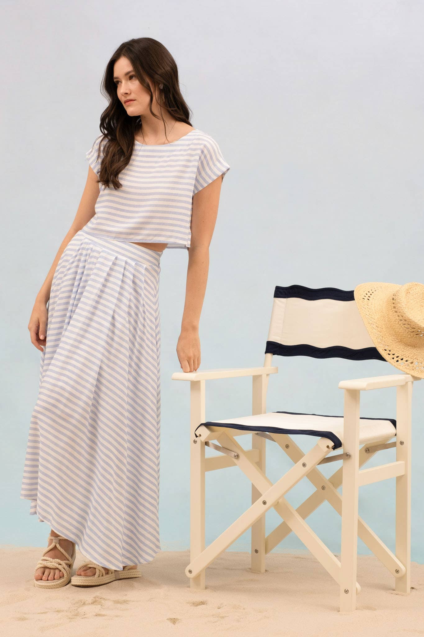 Blue White Striped Cropped Short Sleeve Preppy Boat Neckline Tee