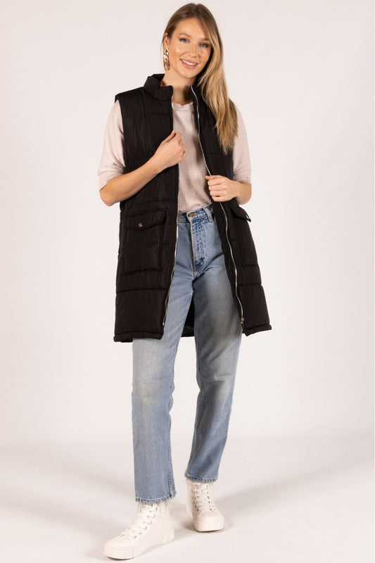Black Nylon Quilted Midi Puffer Vest