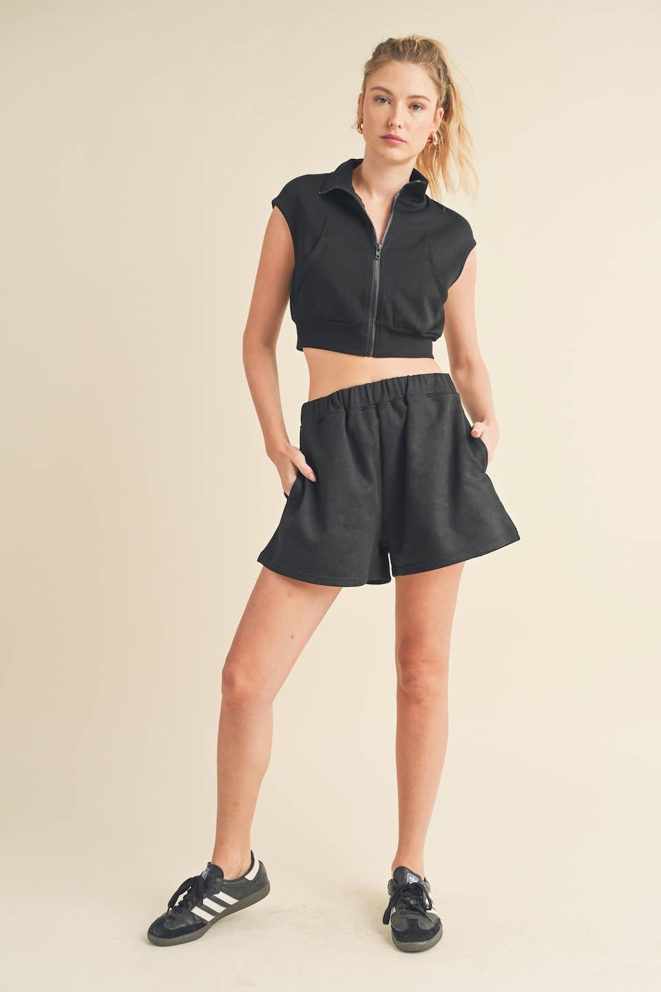 Cropped Scuba Neck Black Zip Up Cropped Jacket