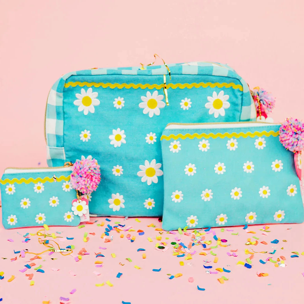 Daisy Embroidered Zipper Pouch Multiple Sizes
