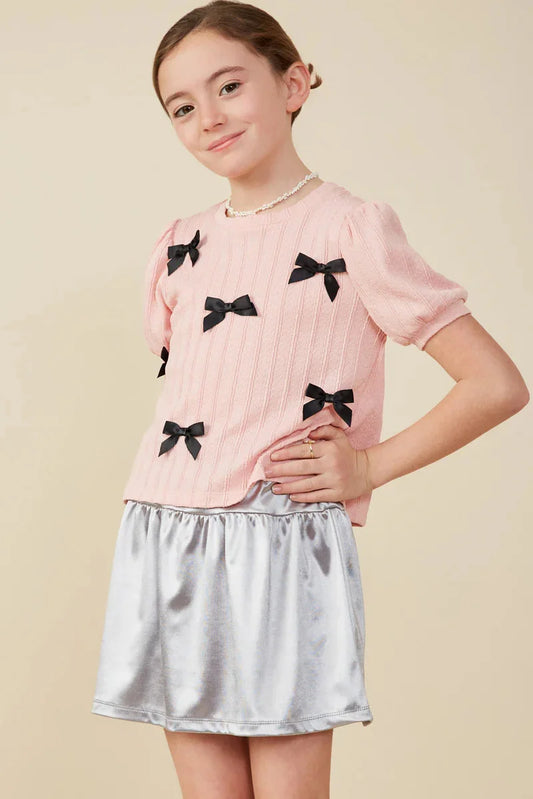 Hayden Tween Girls Pink Ribbed Black Ribbon Bow Tee