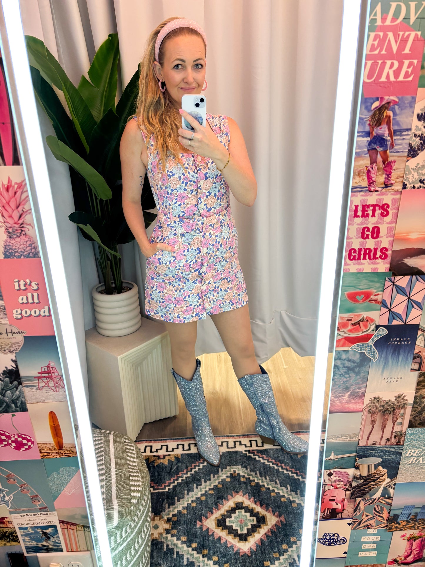 Coastal Bloom Floral Button Front Belted Summer Sleeveless Mini Dress