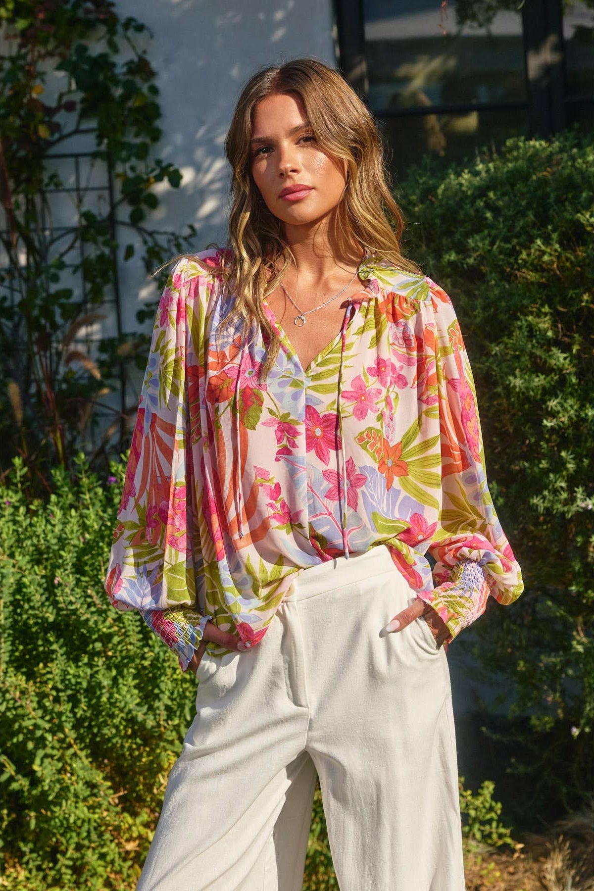 Floral Chiffon Long Sleeve Tropical Floral Print Blouse
