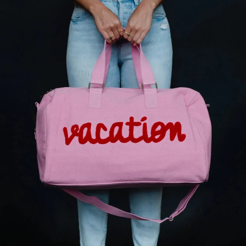 Pink Vacation Bag with Red Textured Lettering Zipper Duffle Bag