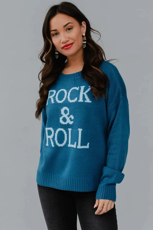 Rock & Roll Blue Crew Neck Relaxed Fit Sweater