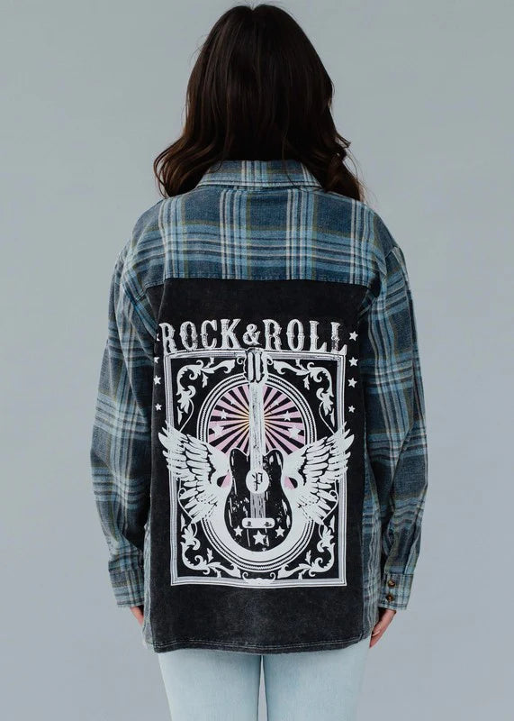 Rock & Roll Patch Plaid Flannel Button Down Blue