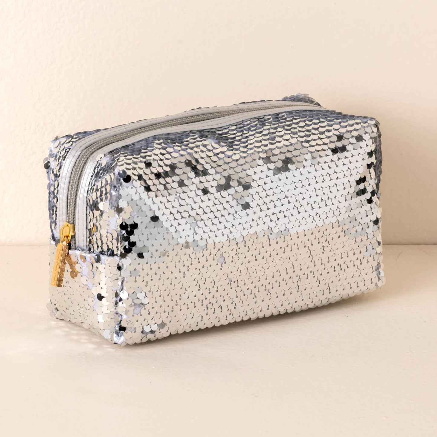 Shiraleah Bling Sequin Cosmetic Silver Zipper Make Up Bag