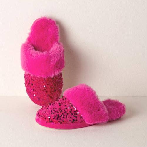Shiraleah Sequin Vegan Faux Fur Plush House Slippers Slip On Magenta