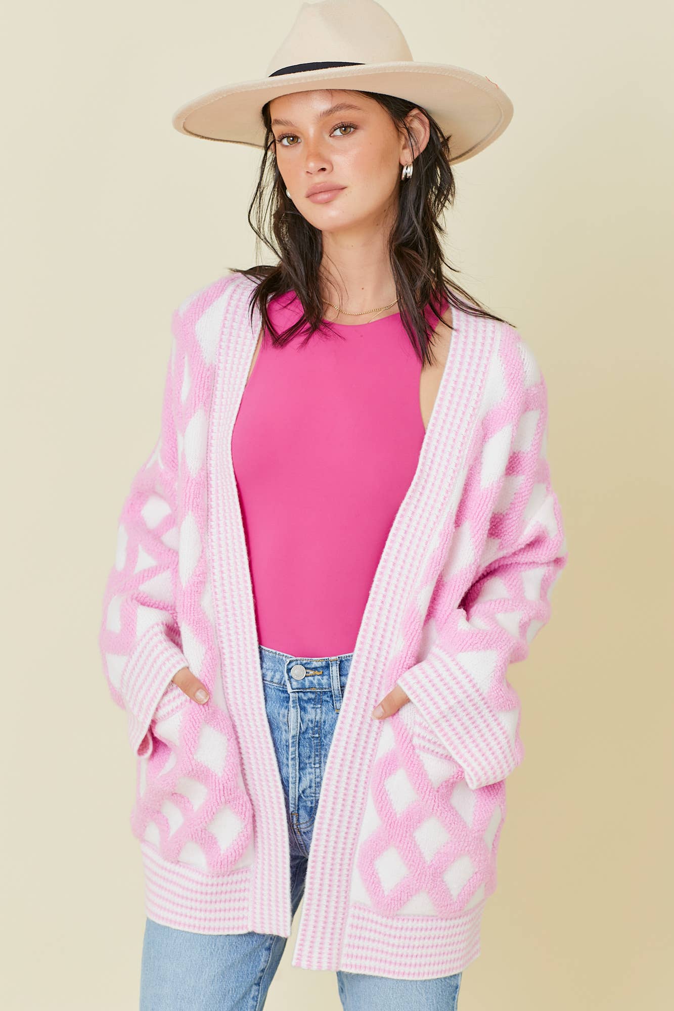 Sweetheart Open Textured Knit Oversized Cardigan with Pockets Pink and White