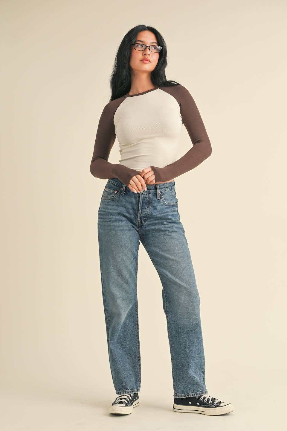 Y2K Raglan Long Sleeve Baseball Tee Brown White