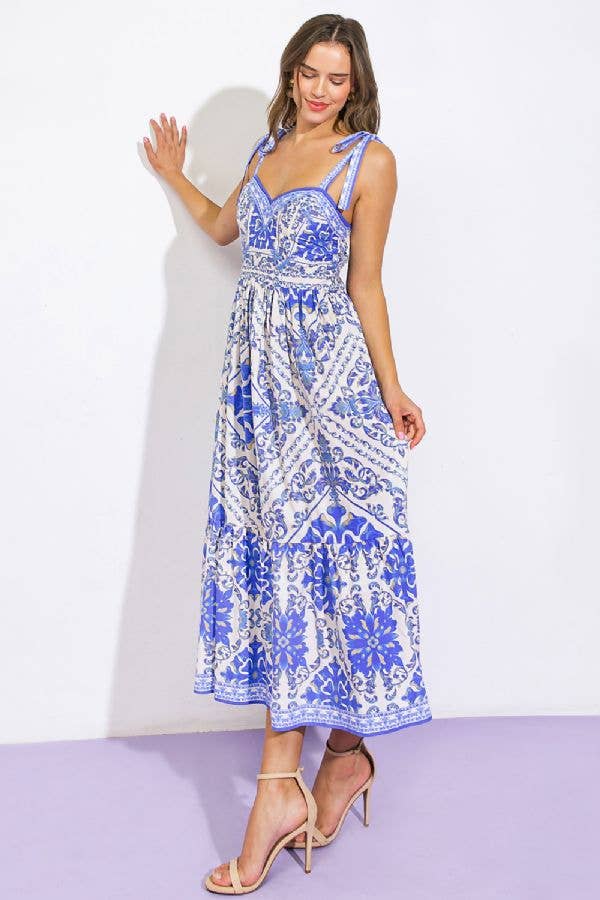 Isla Blue and White Midi Resort Summer Dress