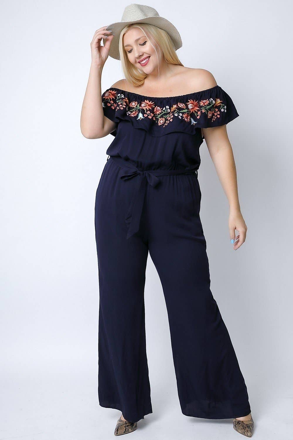 Navy Blue Embroidered offshoulder ruffle neckline plus size jumpsuit