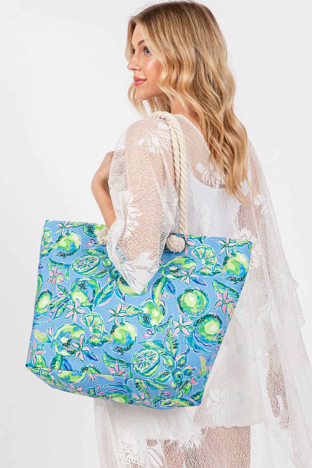 Colorful Lime Resort Vacation Tote Bag with Coastal Rope Handles