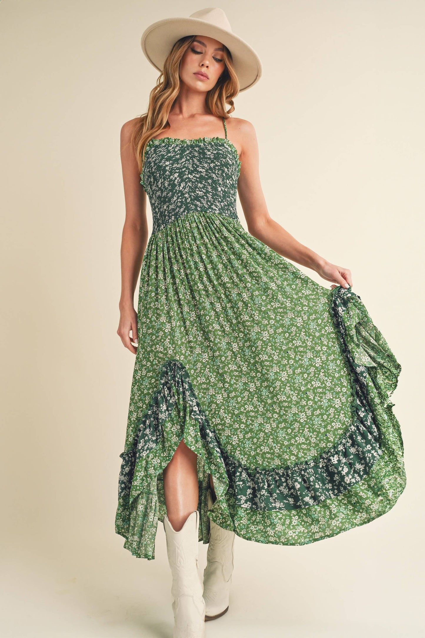 Ruffled Green Floral Lace Up Back Summer Maxi Dress