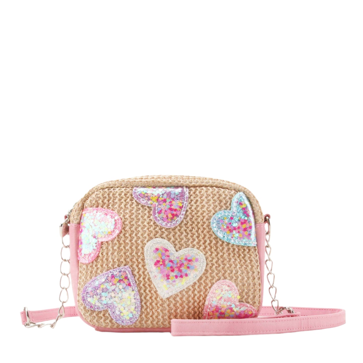 Confetti Heart Patch Straw Crossbody Bag