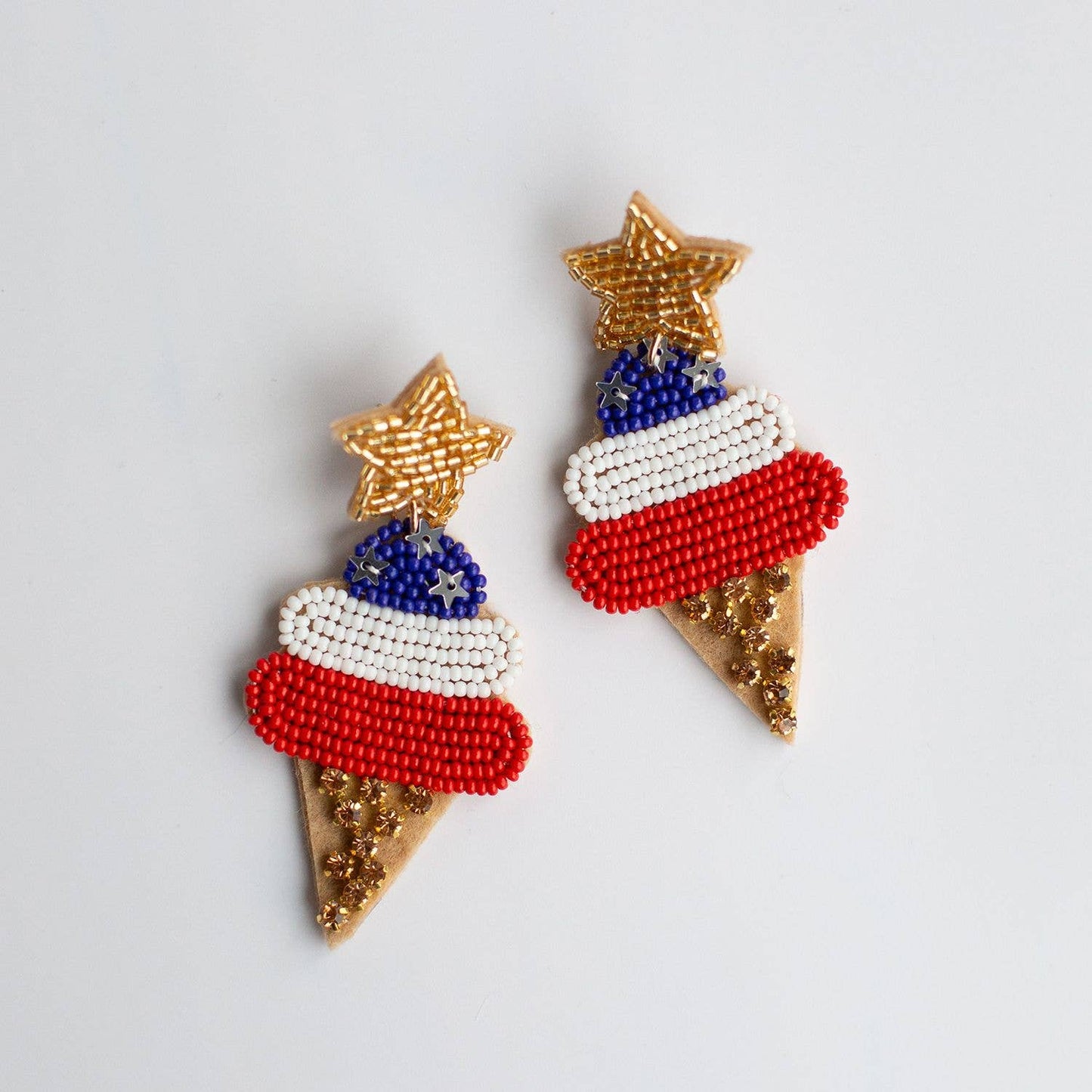 Michelle McDowell Beaded Patriotic 4th of July Ice Cream Cone Earrings Red White Blue