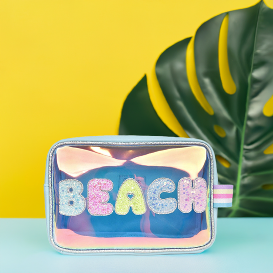 Beach Tween Travel Cosmetic Bag Iridescent Glitter Letter