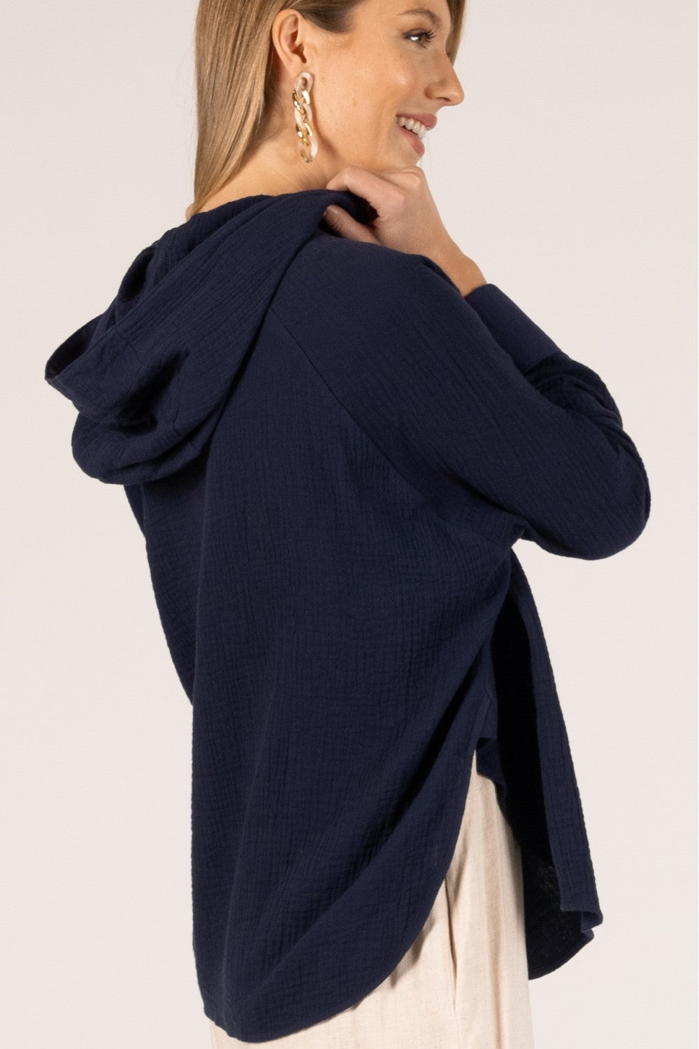 Gauze Hooded Long Sleeve Top | Navy