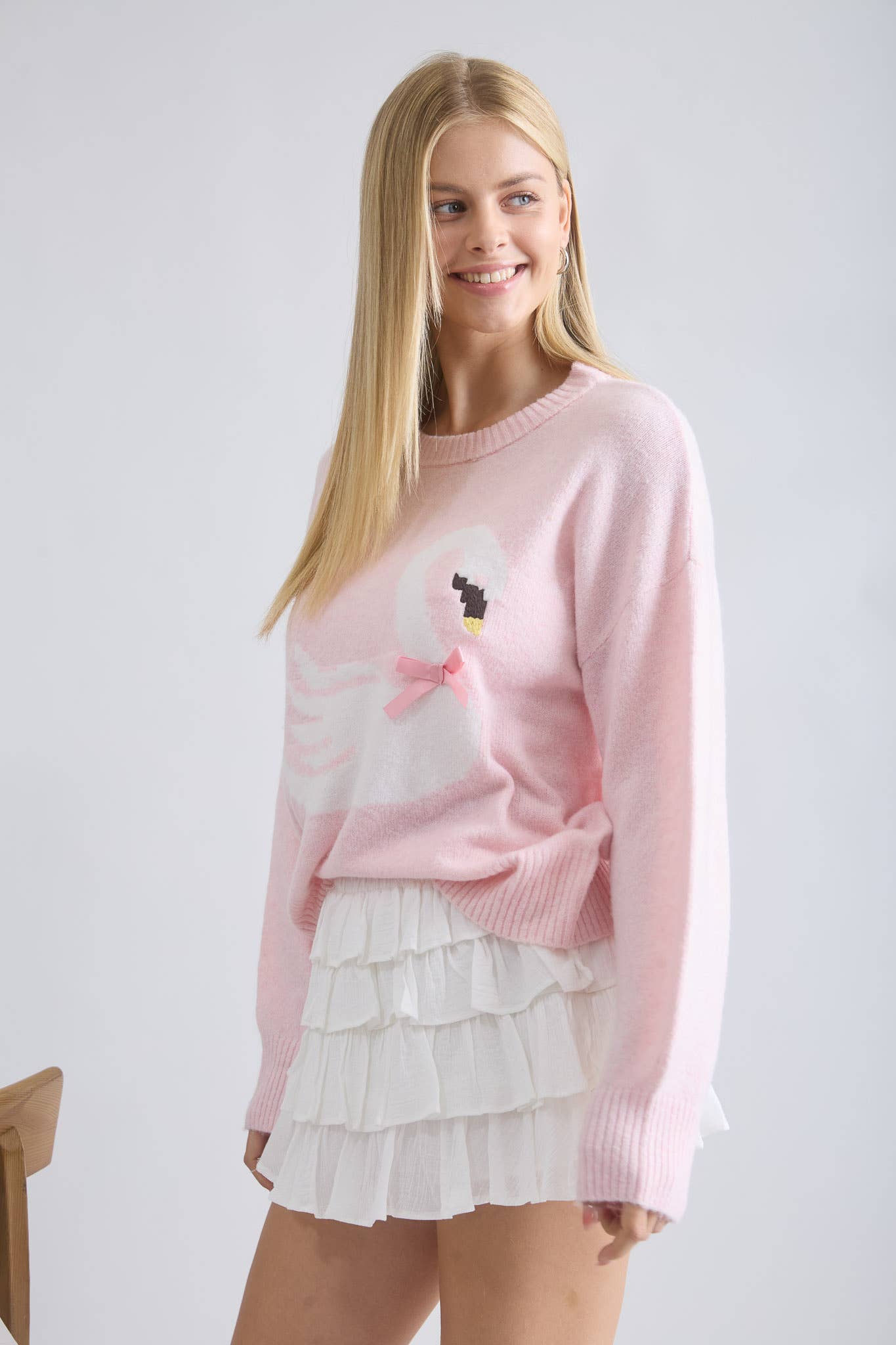 Light Pink Blush Knit Spring Sweater with large Swan Print and Bow
