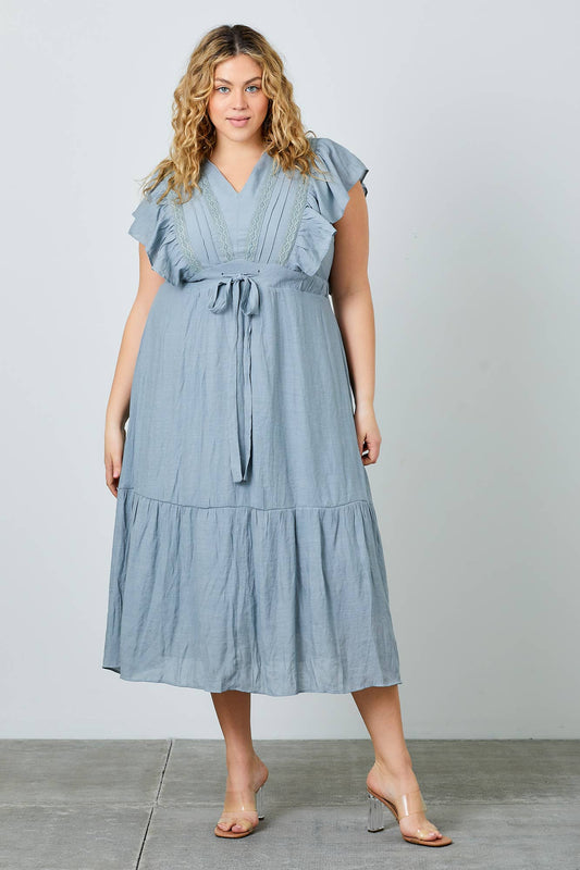 Vintage Blue Plus Size Midi Dress with Flutter Sleeve