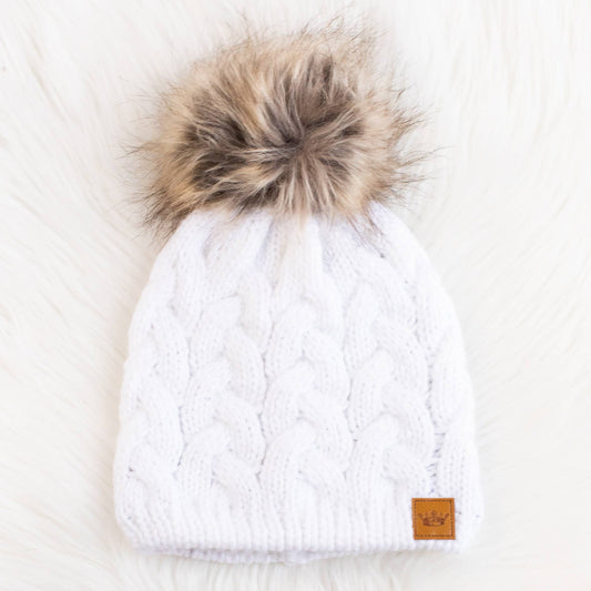 White Braided Knit Pom Hat