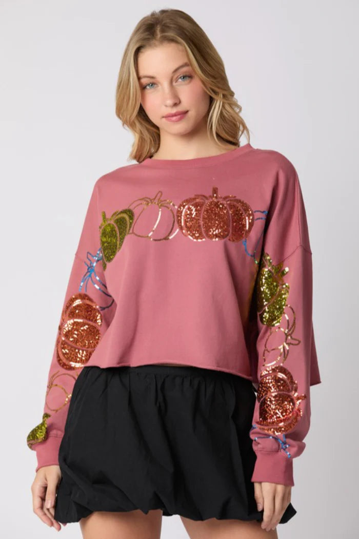 Sequin Pumpkin Cropped Sweatshirt