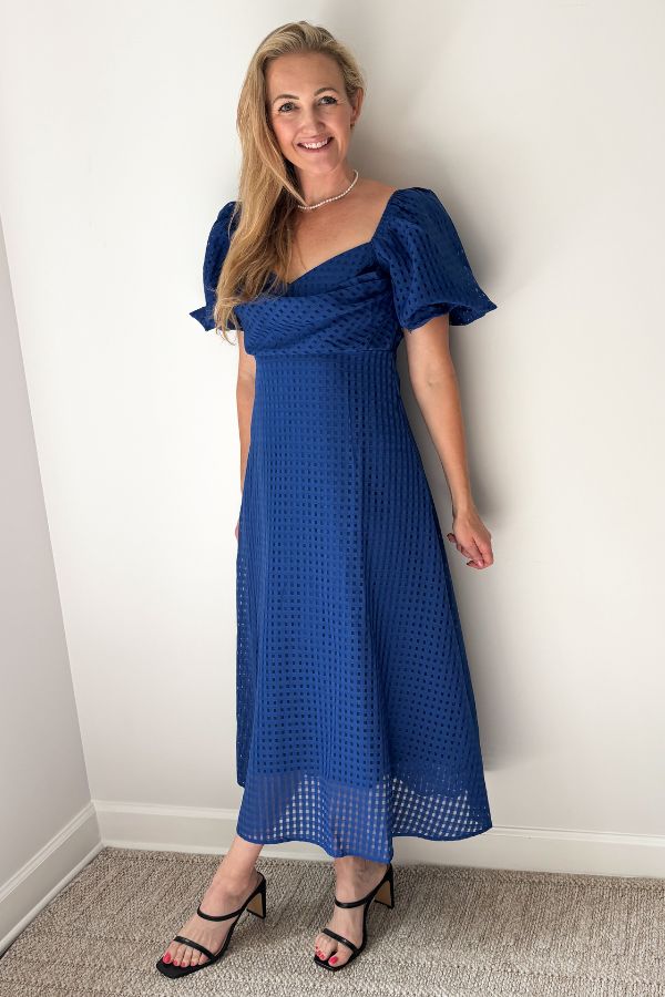 Sincerely Ours Cobalt Blue Sweatheart Neckline Midi Dress