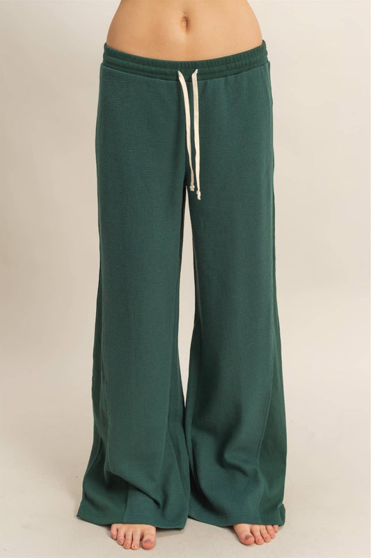 Waffled Knit Dark Green Wide Leg Lounge Pants