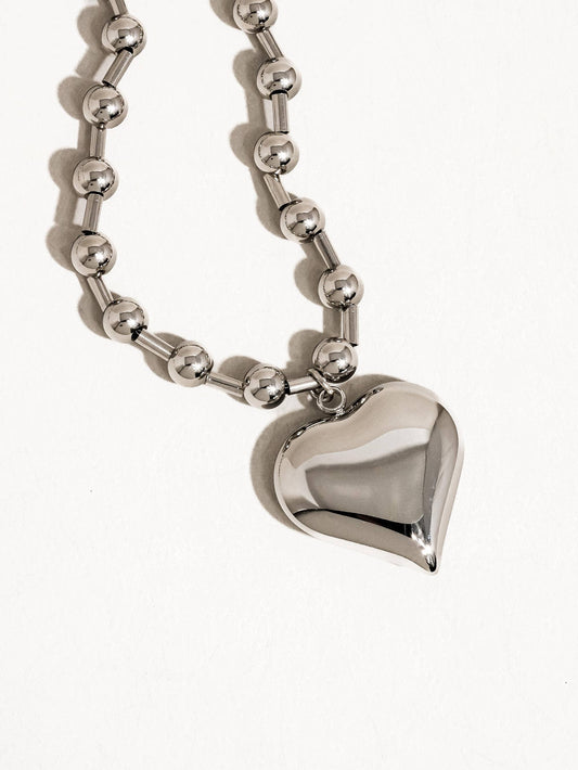 Silver Ball Chain Large Puff Heart Charm Necklace