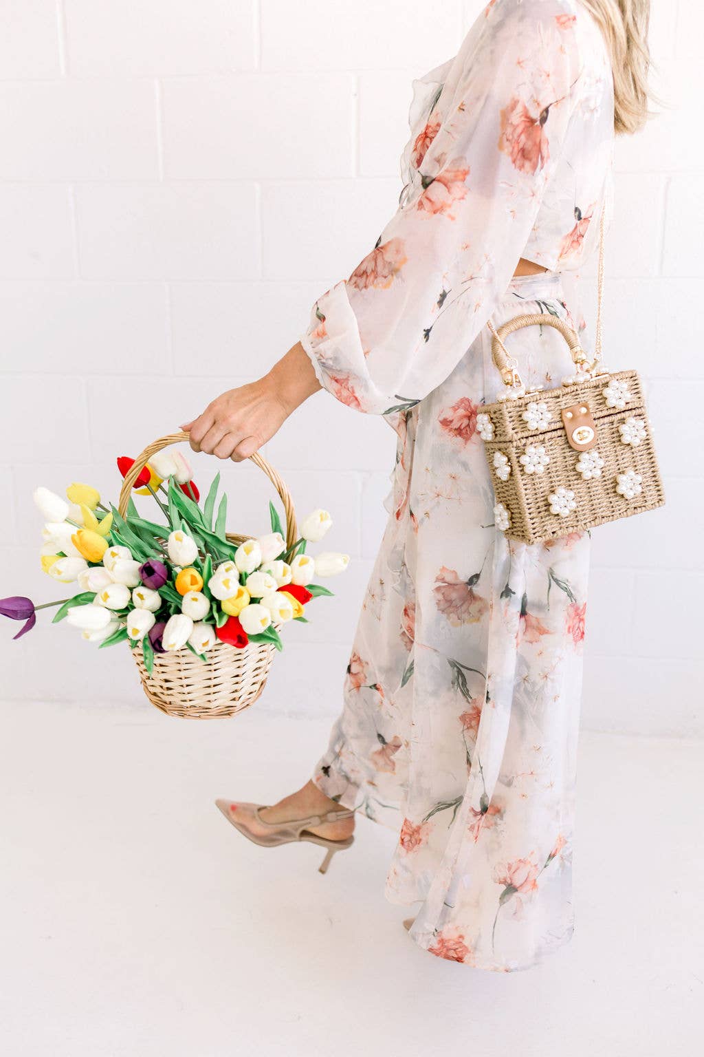 Wicker Bucket Daisy Flower Bag Cream + Pearl