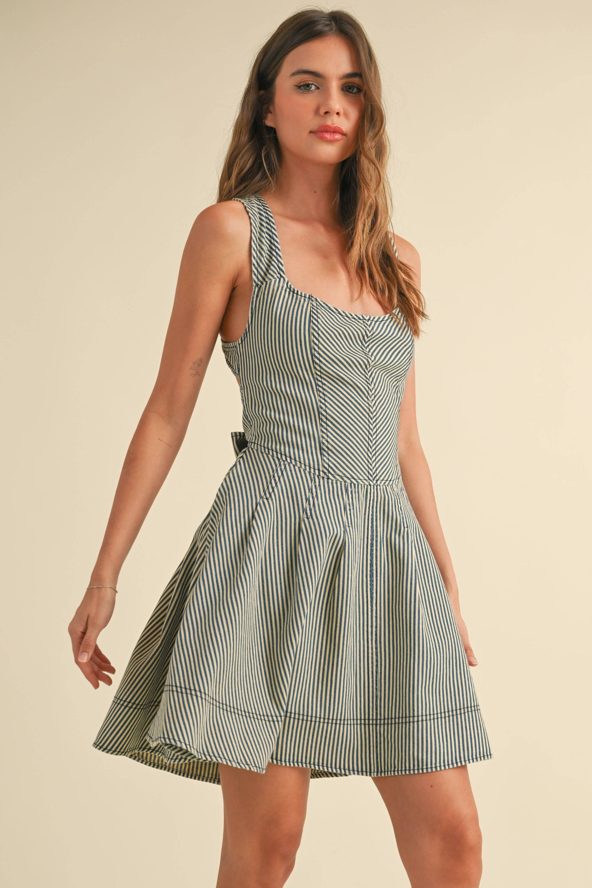 Melody Striped Tie Back Fit Flare Summer Dress Navy