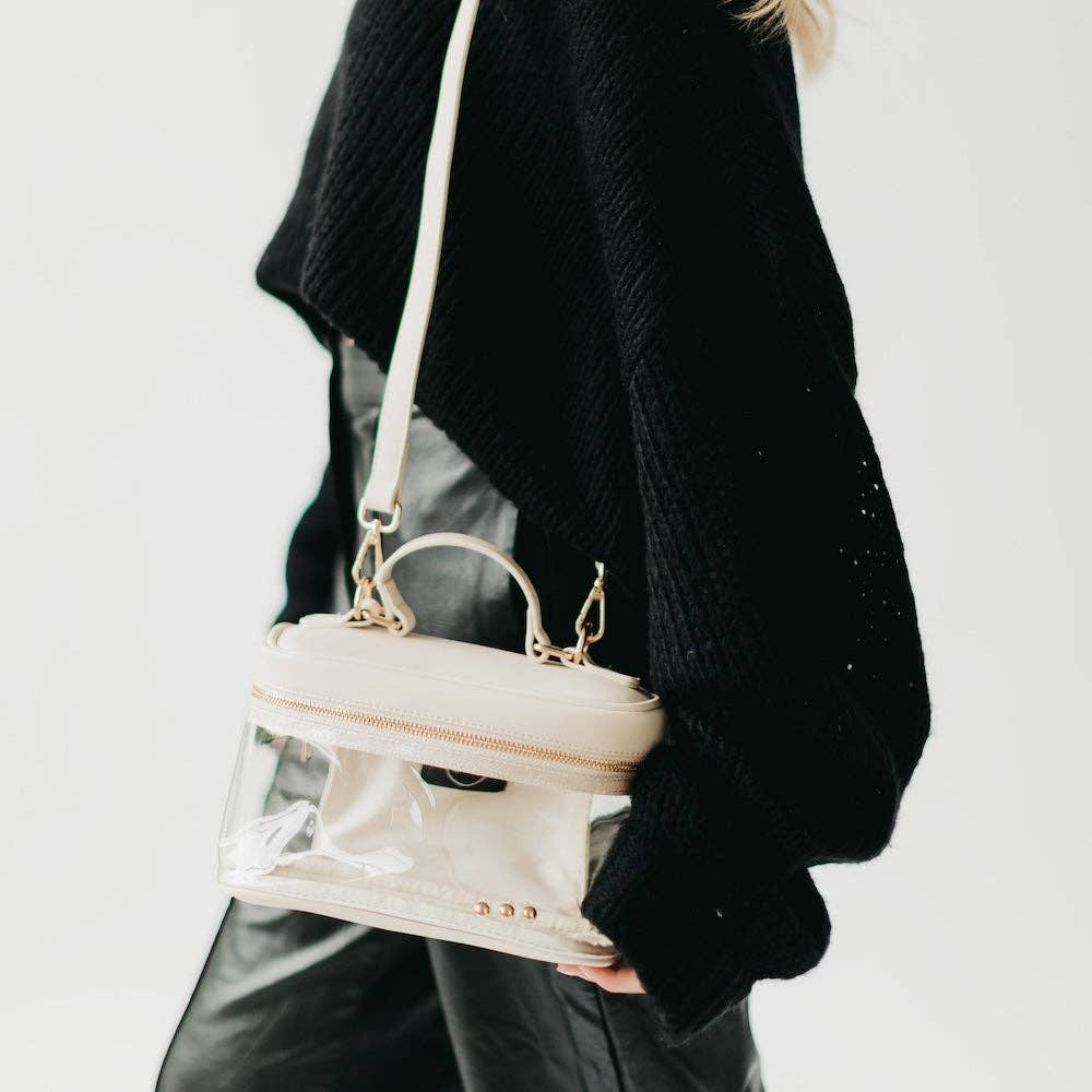 Cream Faux Leather Clear Crossbody Stadium Bag