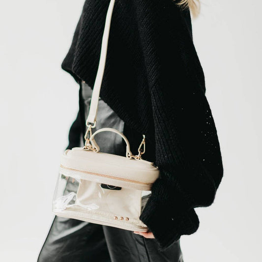 Cream Faux Leather Clear Crossbody Stadium Bag