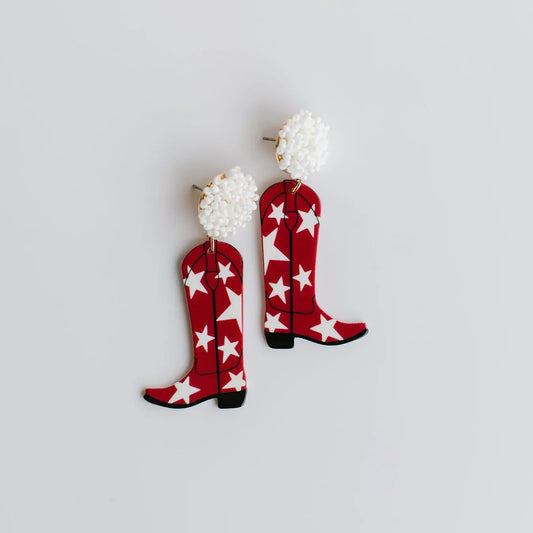 Crimson and White Star Beaded Cowboy Boot Game Day Earrings