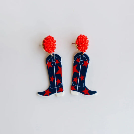 Navy and Red Star Cowboy Boot Game Day Earrings