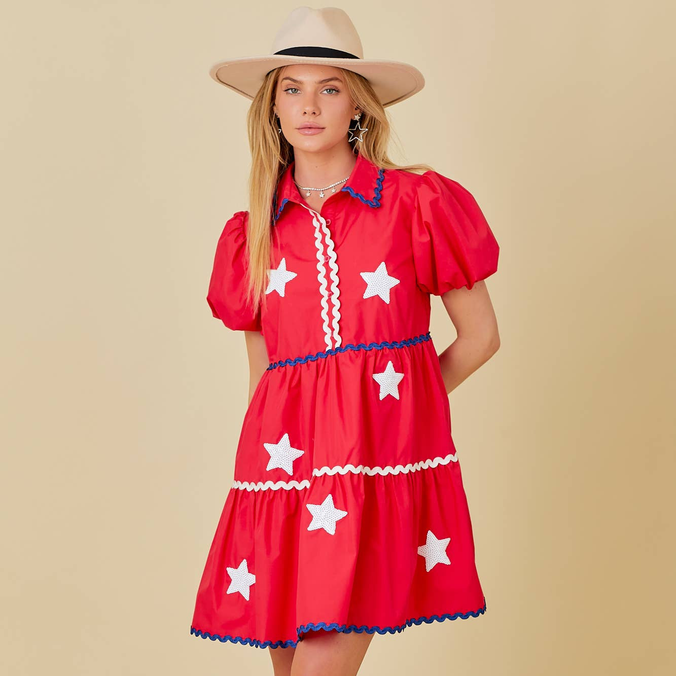 Star Spangled Red Sparkle Patch Rick Rack Patriotic Dress