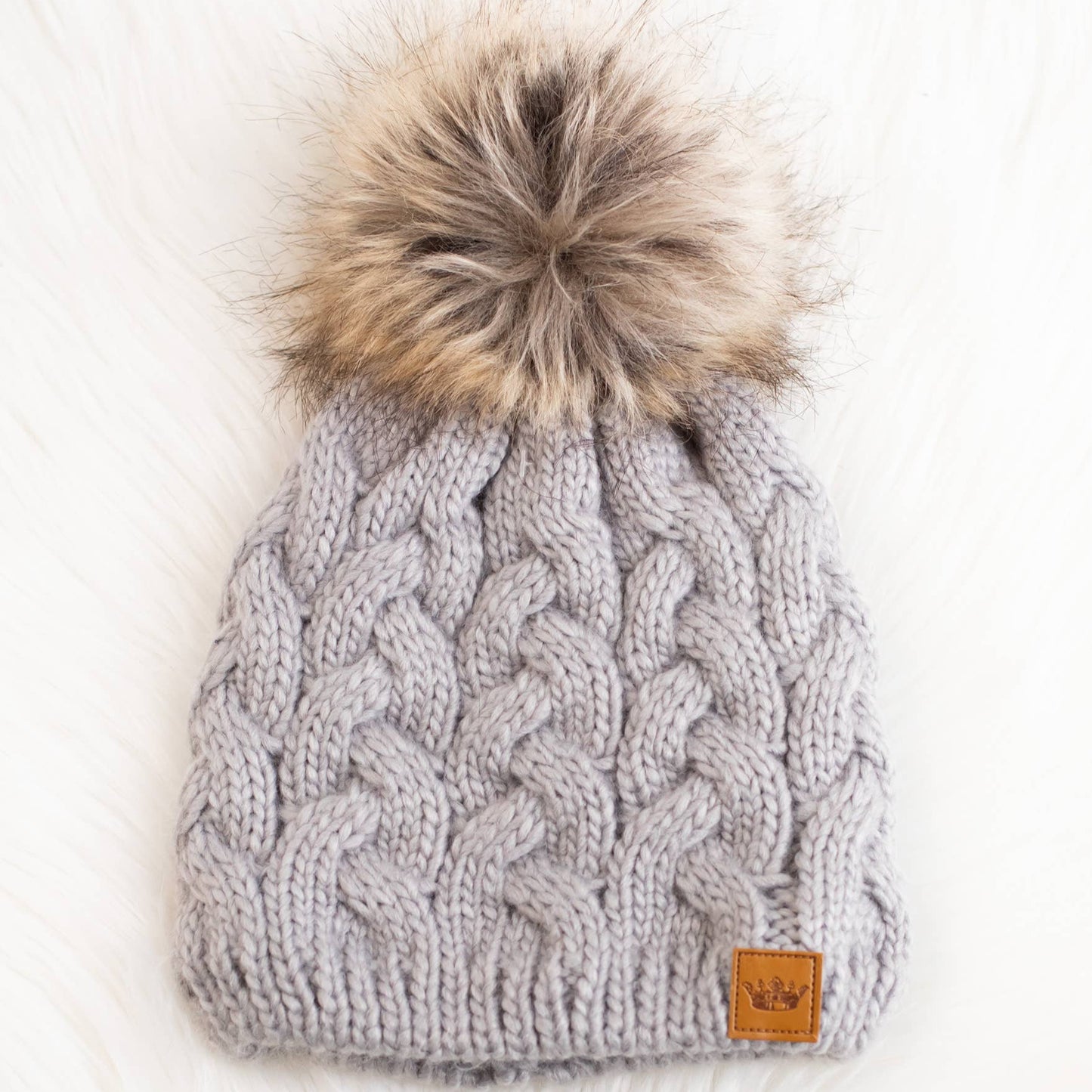 Gray Knit Fleece Lined Pom Beanie Winter Hat