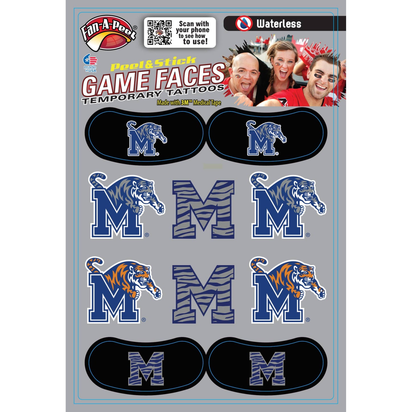 University of Memphis Tigers Game Day Waterless Temporary Face Tattoos Officially Licensed