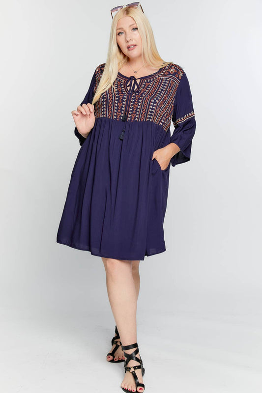 Embroidered Shirring Neck Tie Navy Blue Dress