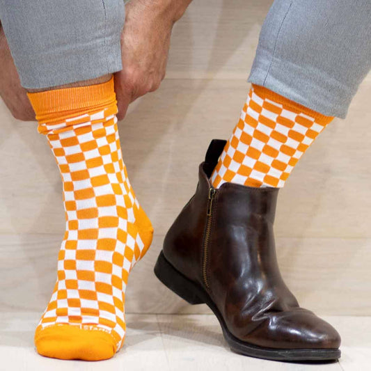 Orange and White Game Day Checkered Board Men's Socks