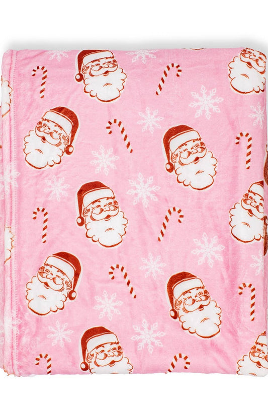 Pink Candy Cane Santa Throw Plush Blanket 