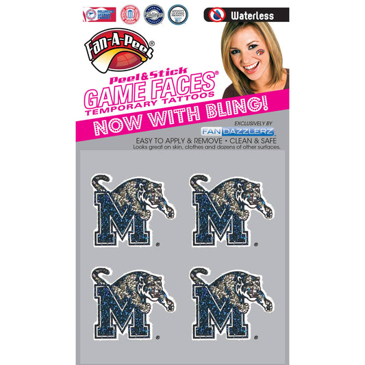 University of Memphis Tigers Game Day Waterless Glitter Temporary Face Tattoos Officially Licensed