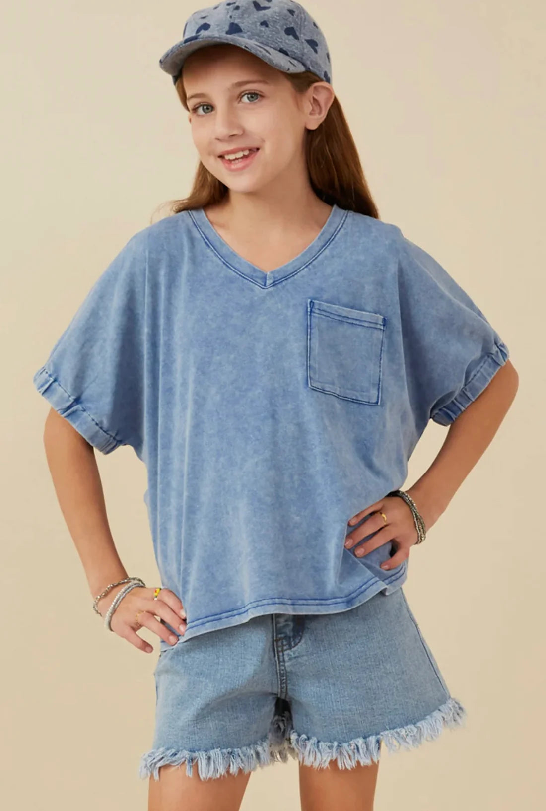 Tween Blue Acid Wash V-Neck Short Sleeve Tee