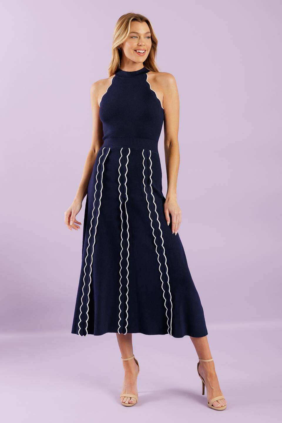 Nautical Whisper Navy Blue Ivory Wave Pattern Knit Sweater Midi Dress