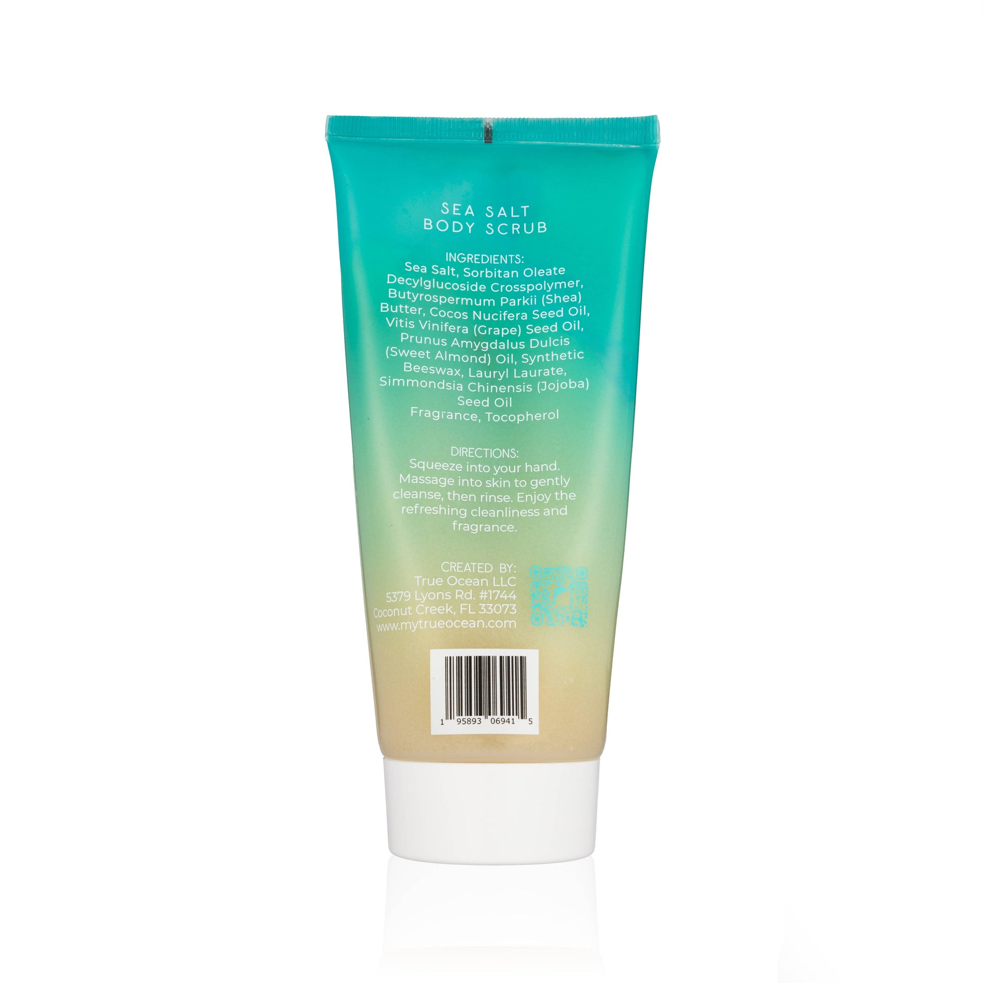 Tube of Sea Salt Body Scrub with label on a white background